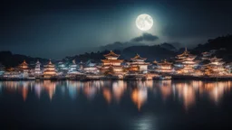 dream world, Japanese city harbour, calm beauty, fantasy world, magic, night, darkness, moonlight, starlight, splendor, uplifting, inspiring, therapeutic, chiaroscuro, color, award-winning colour photograph, beautiful composition, Nikon 135mm