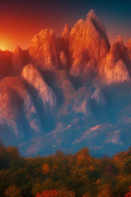 big rock mountains with and orange dawn sky with no clouds close montains