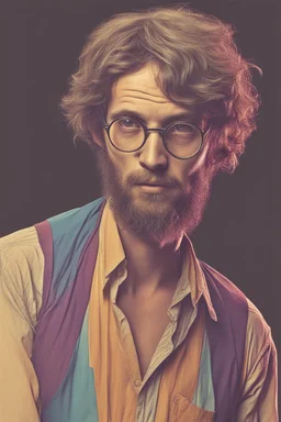 bohemian young ugly man with Parisian bohemian look and glasses of colours and poor and short short short and poor hair on the head with receding hairline. Farsightedness glasses with big eyes. Shirt beard in the head. Vintage look and feel like photo style-of the 70s