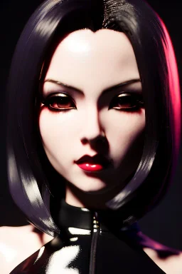 anime vampire, portrait from waist up, pale skin, latex and leather attire,, intricate eyeliner, vibrant eyeshadow, clear completion, soft lighting, 4k resolution, intricate details, insanely detailed, colorful cityscape background, masterpiece, expert, cinematic smooth, retroanime style, realistic details, no helmet