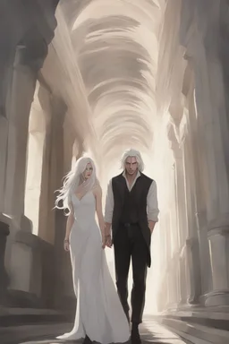 Woman with white hair wearing a white dress, walking down a sunlit stone hall, AND a handsome man in the background lurking in the shadows with long black hair