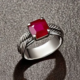 ruby signet ring with braided tungsten and titanium, braided band, brushed steel, men's jewellery