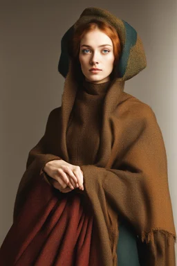 Portrait of a young woman in winter clothes in the style of jan van eyck in colors on a white background