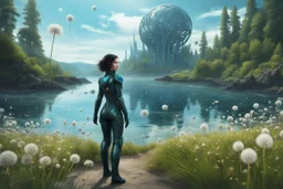 young woman in an android suit with dark hair, standing on the shore of an alien sea, with flying forests of dandelion seed head trees in the distance