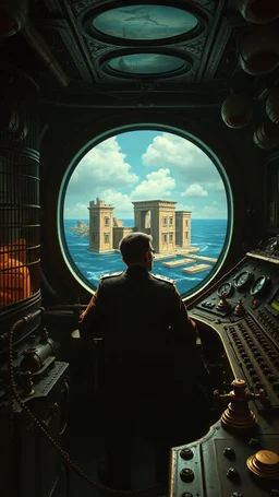 Captain Nemo sitting in a dark submarine control room , filled with cages and buttons and valve on the control dashboard, in a large window to the ocean with ancient ruins , paint it in the baroque style,