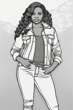 full body black curvy woman wearing jeans, eyes front camera coloring page, black and white