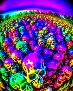 a field of skulls, multi colored, bright, vivid, psychedelic, high detailed, matte, bunches and bubbled up clumps, horrorcore, vines, unsettling contrast, through a fisheye lense