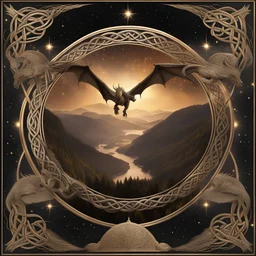 image framed with a thin border of celtic designs, story book cover format, A winged celestial dragon in flight above a forested mountain, against a background of brilliantly glittering stars, hd 4k, fine sharp detail