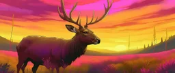 an Elk in a prairie canola field, sunset pinks and purples in sky, detailed fantasy illustration