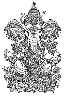 Outline art for coloring page, HIPPIE GANESHA, coloring page, white background, Sketch style, only use outline, clean line art, white background, no shadows, no shading, no color, clear