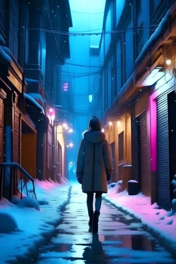 winter, a pretty woman walking in an alley, dressed extra warm, neon lights, snow falling, cold, empty streets, fantasy world, 4k