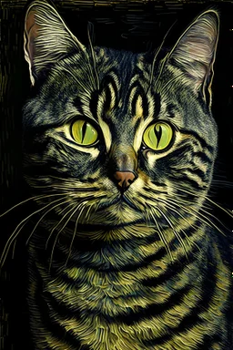 Portrait of a black, brown and grey tabby cat by Van Gogh