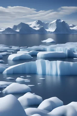 round ice stage, Antarktida landscape, ice mountains, cold ocean, sunny day, (sky half of photo), photo realistic