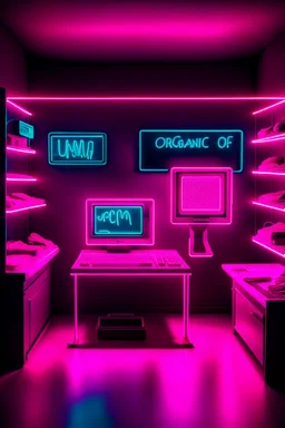 Unsettling room, neon lights, empty, a computer is running, liminalcore, organic pieces of meat