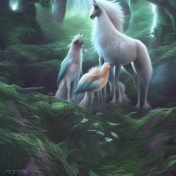 close up on sweet pegasi in a clearing in the forest of purgatory, book cover illustration