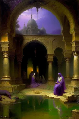 A violet haunted Arabian palace with spiritual souls designed in ancient Greek pottery painted by George Inness