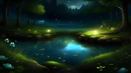 Paisaje que muestra un estanque mágico escondido en lo profundo del bosque, es de noche, hay peces que brillan con la luz de la luna, está lloviendo levemente, hay sapos en la cima de una roca cerca del estanque y hay algunas luciérnagas que rodean el paisaje.