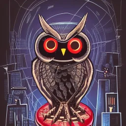 spanish illustrator, owl standing on robot hand, metal beak, red eyes, complex circuits in eyes, bombed city, luminescent lights, cimematic, michael mann movie