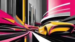 (hustle and bustle:55), (loop kick:10), (deconstruct:28), retro futurism style, urban canyon, cars of future oncoming, smooth curves, swirl dynamics, great verticals, great parallels, amazing reflections, excellent translucency, hard edge, colors of metallic grey and warm yellow and lollipop pink