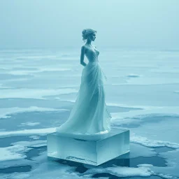 A cinematic miracle scene. An artistic ice sculpture of a woman wearing an elegant, flowing gown stands on an ice block in a frozen sea. The clear ice begins to melt