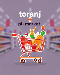 A beautiful and eye-catching design with a shopping cart in the middle filled with supermarket products and the phrase (toranj plus market) at the top of the image as a logo with an orange, red, and white color theme.