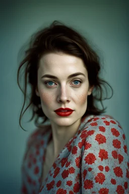 Face portrait of a beautiful 30 years old Polish woman taken by a Mamiya M645 camera with portrait lens on colour medium-format film, red lips, blue eyes, pored skin, neutral light, skin isn't smooth, tiny freckles on cheeks and forehead