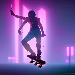 ninja riding a skateboard; in an alternate universe in tokyo; cyberpunk; rain; neon signs