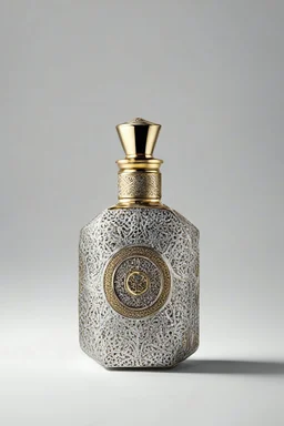 This product photography features an elegant Saudi perfume silver metallic bottle with packaging box, intricately designed with gold accents and emblazoned with the brand's logo. The bottle is displayed against a clean white background, allowing the exquisite craftsmanship to take center stage and highlighting the rich heritage of Saudi perfumes.