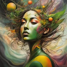 an abstract portrait of her subconscious yearning to be as free as the wind , neo surrealism, abstract expressionism , striking, atmospheric, dreamlike, mystical, enigmatic, in the style of Joan Miro and Roberto Matta, in soft, rich plant based organic colors, hyper detailed , highly detailed feminine facial features, 4k