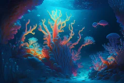 A surreal, underwater world with towering coral structures and a vast array of vibrant marine life, bathed in the soft glow of bioluminescent organisms.