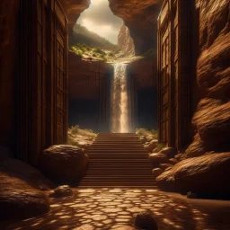 a staircase into a portal to the desert in the middle of a waterfall, photo-realistic, shot on Hasselblad h6d-400c, zeiss prime lens, bokeh like f/0.8, tilt-shift lens 8k, high detail, smooth render, down-light, unreal engine, downlight