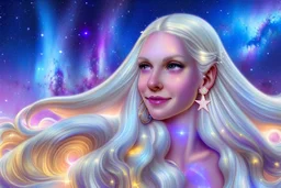 very beautiful cosmic women with white long hair, smiling, with cosmic dress and bright earings. in the background there is a bautiful sky with stars and light beam