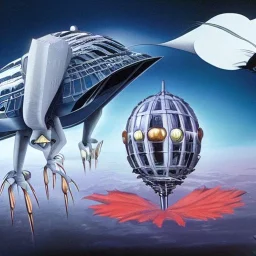 strange flying kaiju creature with stalked eyes and big mounth designed by zaha hadid destroying a space station designed by dr Seuss