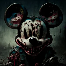 zombie mickey mouse hybrid, photorealism, movie screen capture, horror, sci-fi, evil, hungry, rotted