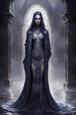 a slender figure draped in robes woven from night, observed the kneeling warrior with eyes like smoldering embers. The whispers of countless souls swirled around her. inside the bone castle, near the river of souls
