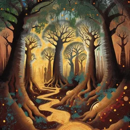 Aboriginal art of Boab Tree in the Australian outback, earthy colours of dark reds and browns , Aboriginal patterns and dots and symbols