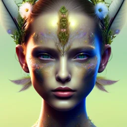 Portrait of beautiful girl, face dept of field,face shining, plant, metal, feathers,central weight average, CWA Dryad,Median filter fae, sidhe, ominous, nature, plants, wildflower sparkle,wildflower 3d view, facepaint, dnd character portrait, intricate, oil on canvas, masterpiece, expert, insanely detailed, 4k resolution, retroanime style, cute big circular reflective eyes, cinematic smooth, intricate detail , soft smooth lighting, soft pastel colors, painted Renaissance style,sharp focus