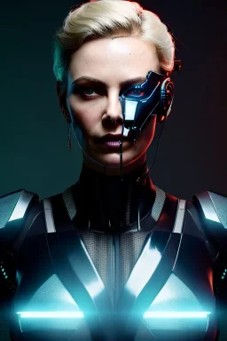 portrait full body, robot scifi with face charlize theron, cyberpunk, intricate, many lights in body, eyes lights, highly detailed, highli quality, 8k, volumetric lighting