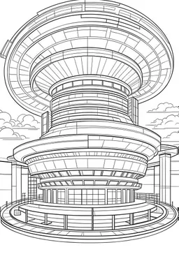 future 2050 STAR hotel, amazing unique hotel design, each unique, flat vector, full view, only draw lines, clean line art, –no sketch, white background, minimalistic black lines, minimal black color, coloring page, thin black line art, perfect shape, perfect clear lines,