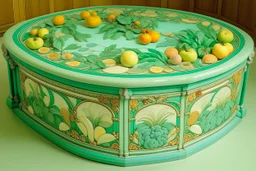 A mint colored island with fruit designed in ancient Greek mosaics painted by Albrecht Durer