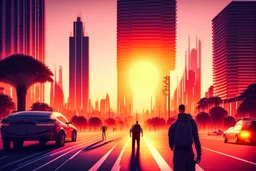 City, avenue, sunset, people, sci-fi, epic