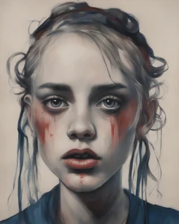 A portrait of a Singer Danish MØ face, painting by John Kenn Mortensen, darkblue and darkred tones,