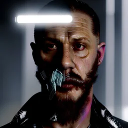 Actor, tom hardy, replicant, blade runner style, rain, fog, neon ambient, gradient color, clean skin, circuits, latex coat, cyber punk, neon, tubes, portrait, studio photo, unreal engine 5, smooth color, 16 bit, god lights, ray tracing, RTX, lumen lighting, ultra deatail, volumetric lighting, 3d, finely drawn, hd.