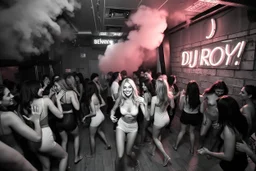 dans golv på en nedsliten sunkig techno club, många personer som dansar, yppiga lättklädda kvinnor, scen rök och ljus strobes, svartvit bild, en del personer ser in i kameran och skriker: "Benny!" och en Neon Skylt med texten "DJ ROY" på väggen