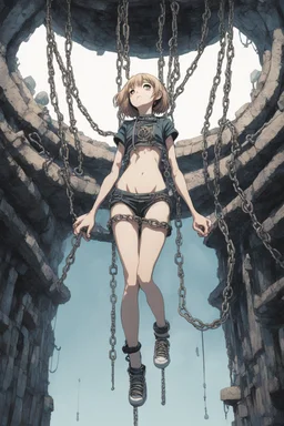 Anime girl with chain body holding long chains, fullbody, the perspective looking up from the bottom of an empty well ,in the style of Katsuhiro Otomo.