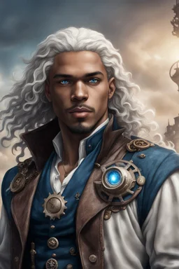 31 years old mulatto male sorcerer, with wavy snow-white hair, blue eyes, dressed in a steampunk style