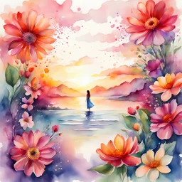 Transform your imagination into reality with a breathtaking image of a mesmerizing sunset drop, closed full lips in a smile, and a burst of vibrant flowers. Let the beauty of these elements blend together in perfect harmony, creating a sense of tranquility and artistry. watercolour illustration. conceptual art.