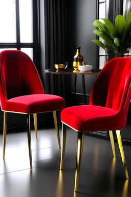 Modern Velvet Dining Chair Set of 2 in Red with Golden Legs Poker Style-Homary