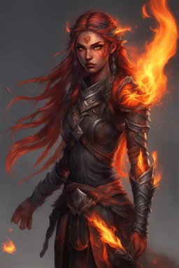 Paladin druid female made from fire . Hair is long and bright black . It has some braids and looks like it is on fire. Eyes are noticeably red color, fire reflects. Makes fire with hands. Has a big scar over whole face. Skin color is dark