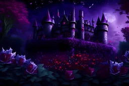 dark castle, garden with purple, red and white flowers